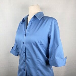 Pendleton Blue Button Down 3/4‎ Sleeve Shirt Women's M Fitted Preppy Secretary